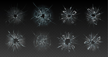 Realistic cracked glass. Broken smashed, damaged texture, crash destruction ice, clear glass surface, crack bullet hole vector illustration set. Shattered window with small pieces or chips