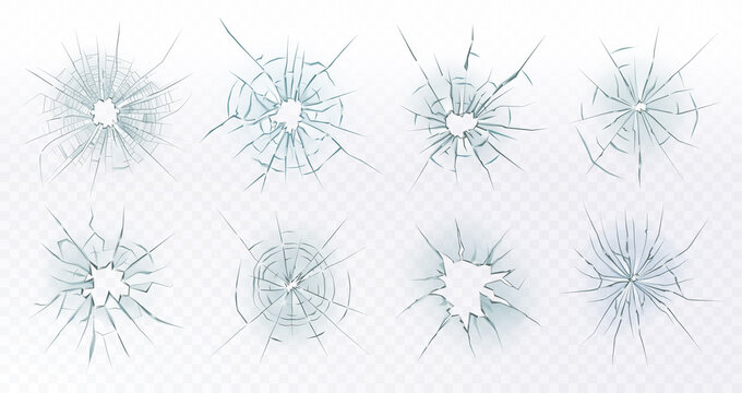 Broken glass. Cracked window glass, damaged shattered ice surface, crack hole computer screen 3D isolated vector illustration symbols set. Bullet marks on glass or car windshield with fissures
