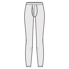 Long Johns underwear technical fashion illustration with elastic waistband, vertical fly. Flat knit pants apparel lingerie template front, grey color. Women men unisex leggins CAD mockup