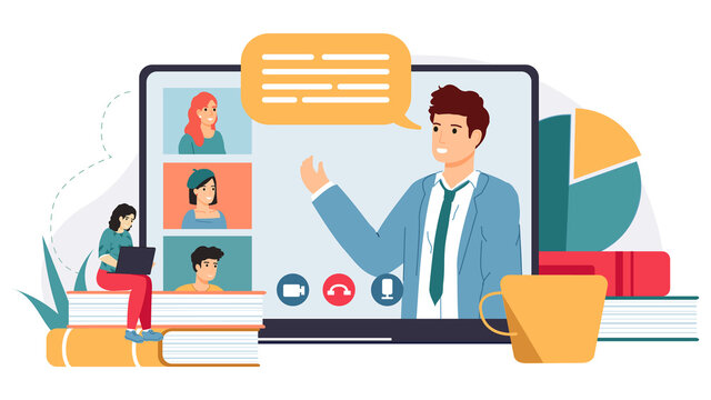 Online conference. Distance education, web courses or business meeting with manager, online distance education characters vector illustration. Big screen with tutor and participants on video call
