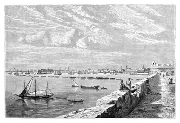 wide view of Tripoli placed in the horizon from the port view, Libya. Ancient grey tone etching style art by Berard, published on Le Tour du Monde, Paris, 1861