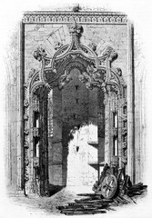 unfinished Chapels portal richly decorated in the Monastery of Batalha, Portuagal. Ancient grey tone etching style art by Therond, published on Le Tour du Monde, Paris, 1861