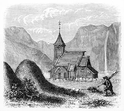 Old view of Vangsnaes stave church, Norway (at present days replaced by a masonry building). Ancient grey tone etching style art by Huyot, published on Le Tour du Monde, Paris, 1861