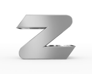 Letter Z - metal silver futuristic 3d font standing isolated on white background
