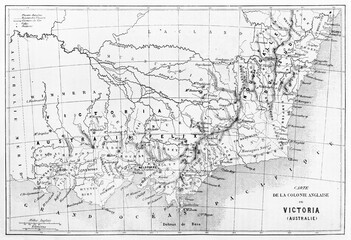Fototapeta na wymiar black and white old topographic map of Victoria colony, Australia. Ancient grey tone etching style art by Erhard and Bonaparte, published on Le Tour du Monde, Paris, 1861