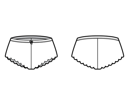 French knickers technical fashion illustration with scalloped edge, elastic waistband. Flat Mini-short panties briefs lingerie template front, back, white color. Women men unisex underwear CAD mockup