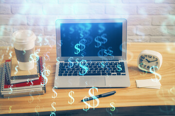 Double exposure of graph and financial info and work space with computer background. Concept of international online trading.