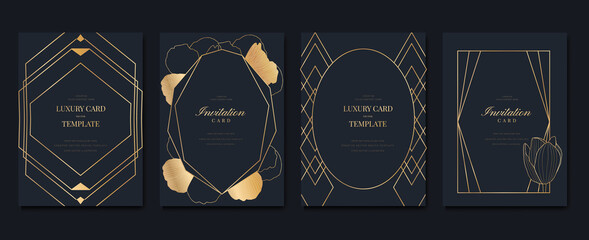Luxury Invitation card design vector. Abstract Gold geometry frame and Art deco pattern background. Use for wedding invitation, cover, VIP card, print, poster and wallpaper. Vector illustration..