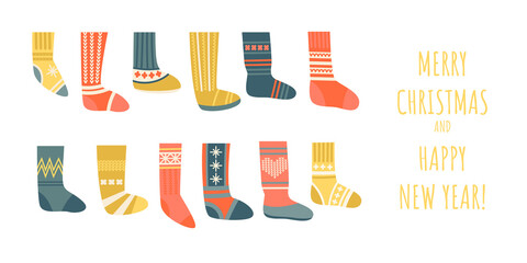 Congratulatory banner for Christmas and New Year with decorated socks