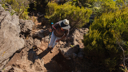 Woman with a hat hiking among the heathland in mountains