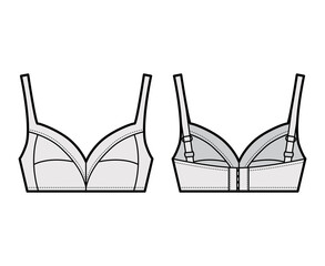 Bra soft cup lingerie technical fashion illustration with full adjustable shoulder straps, hook-and-eye closure. Flat brassiere template front, back grey color style. Women men underwear CAD mockup