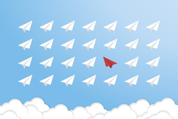 Think differently concept. Red airplane changing direction. New idea, change, trend, courage, creative solution, innovation and unique way concept.