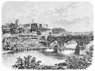 Medieval cityscape, stone bridge over river leading to town. Barcelos, northern Portugal. Ancient grey tone etching style art by Lancelot, Le Tour du Monde, Paris, 1861