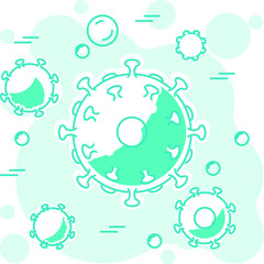 Coronavirus particles fly in the air. Blue background
