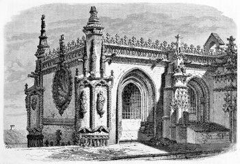 Part of manueline and gothic style Sala do Capitulo (Chaptershouse) in the Monastery of Batalha, Portugal. Ancient grey tone etching style art by Therond, Le Tour du Monde, Paris, 1861