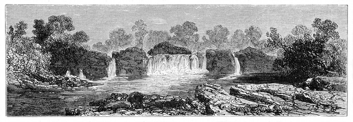 horizontal arranged front view of waterfalls along Corubal river (also known as Tomin�), Guinea. Ancient grey tone etching style art by Sabatier, Le Tour du Monde, Paris, 1861