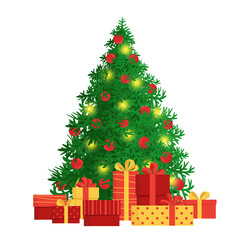 Beautiful elegant Christmas tree. Lots of gift boxes with bows and ribbons underneath. Isolated vector illustration for greeting card, banner, invitation, postcard happy new year and merry christmas
