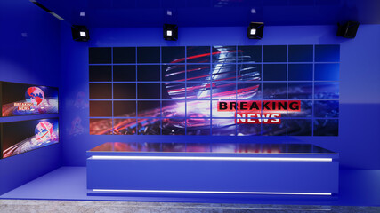 3D Virtual TV Studio News With blue walls, 3d illustration