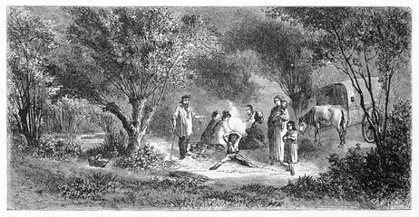 horizontal arranged illustration of travelers camping and starting fire in deep forest. Ancient grey tone etching style art by Lancelot, Le Tour du Monde, Paris, 1861