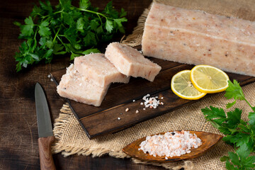Raw minced fish. Minced fish on the kitchen Board on the brown wooden table