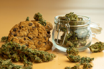 Cannabis product with oat cookie. THC weed buds background. Medical drug use, healthcare concept. Cookie with marijuana