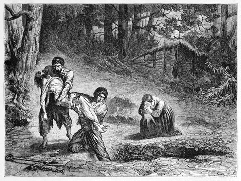 Don Jos� Libarona wrapped in a sheet body entombed in a forest by two man while a woman cries. Ancient grey tone etching style art by Castelli, Le Tour du Monde, Paris, 1861