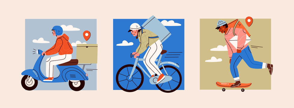 Delivery man riding bicycle, Scooter, Skateboard. Takeaway Food or Parcel delivery service concept. Set of three characters. Hand drawn square trendy Vector illustrations. Every Courier is isolated