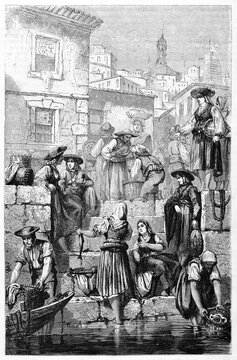 Old fish merchants downloading goods in a stone pier in Porto, Portugal. Ancient grey tone etching style art by L�fevre and Maurand, Le Tour du Monde, Paris, 1861