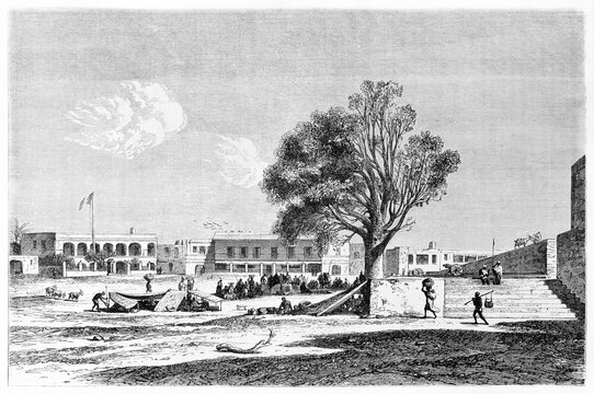 Old view of Government square and market in Gorée, Senegal. Created by De Bérard, published on Le Tour du Monde, Paris, 1861