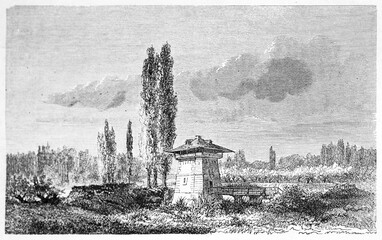Guardhouse alone in the nature between Strasbourg and Rhine river, France. Ancient grey tone etching style art by Pelcoq, Le Tour du Monde, Paris, 1861