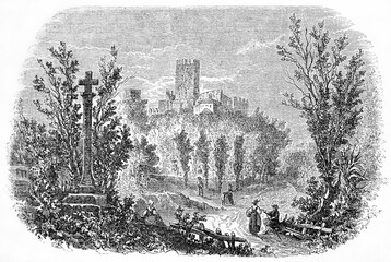 afar view of the Castle of Guimaraes, northern Portugal, from the nearby landmark of way for Braga. Ancient grey tone etching style art by Catenacci, Le Tour du Monde, Paris, 1861