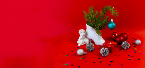 Christmas card, banner, flatlay with copy Space on a red background