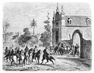 horseback soldiers of the caudillo Juan Felipe Ibarra, Argentina, outdoor near to a church in a country town. Ancient grey tone etching style art by Castelli, Le Tour du Monde, Paris, 1861