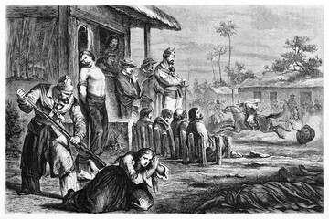 people oppressed in a village by Juan Felipe Ibarra henchmen, Argentina. Ancient grey tone etching style art by Castelli, Le Tour du Monde, Paris, 1861 - obrazy, fototapety, plakaty