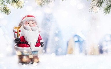 Merry Christmas and Happy New Year, Holidays greeting card with blurred bokeh background