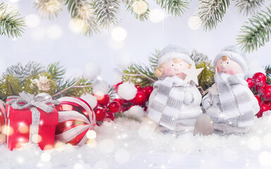 Merry Christmas and Happy New Year, Holidays greeting card with blurred bokeh background