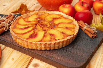 Apple tart pie for Thanksgiving celebration on wooden table