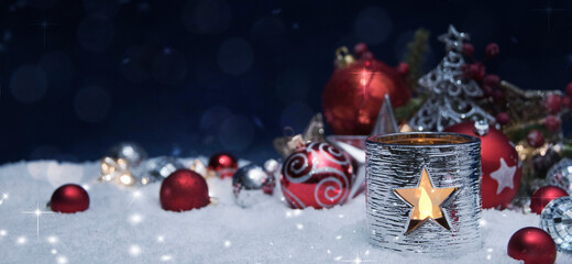 Merry Christmas and Happy New Year, Holidays greeting card with blurred bokeh background