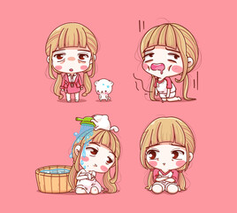 Cute women are tired and exhausted from work isolated on background with character design.