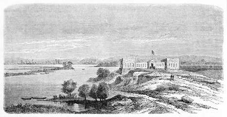 Lampsar fort on a low hill fronting a vast wetland covered by water, 24 km north of Saint Louis, Senegal. Ancient grey tone etching style art by De B�rard, Le Tour du Monde, Paris, 1861