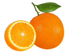 Juicy orange with leaves isolated on white background with clipping path