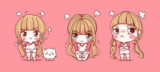 Cute upset girl and angry emotion isolated on background with character design.