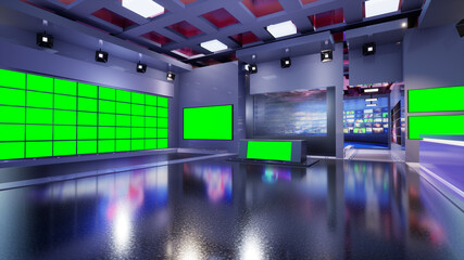 3D Virtual TV Studio News with green screen, 3d illustration
