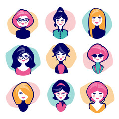 Avatars of young women cartoon retro style, isolated on white background