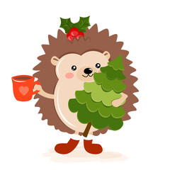 Adorable hedgehog in winter. Hand drawn vector hedgehog illustration with chritmas tree and hot cocoa mug. Winter color poster. Good for posters, greeting cards, banners, textiles, gifts, shirts, mugs