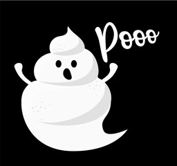 Poooo, funny white poop - Happy Halloween illustration. Handmade lettering print. Vector vintage illustration with cute Ghost with mask. Good for prints on t-shirts and bags, posters, cards.