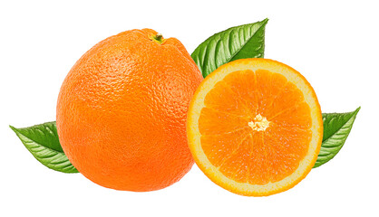 Juicy orange  with leaves isolated on white background with clipping path