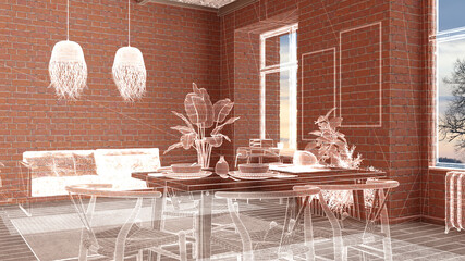 Home renovation, house development concept background, interior design under construction, custom architecture design project, white ink sketch, blueprint showing modern dining room