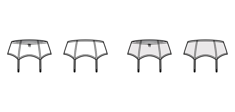 Gather suspender belt High Waist stretch lingerie technical fashion illustration with bow, Elastic waistband. Flat template front, back white grey color style. Women men unisex underwear CAD mockup