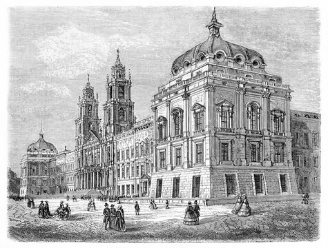 Overall angular view of elegant architecture of Mafra National Palace, Portugal. Ancient grey tone etching style art by Catenacci, Le Tour du Monde, Paris, 1861